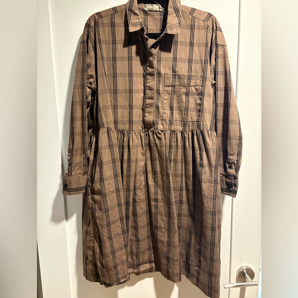 Brown Plaid Button-Front Shirt Dress